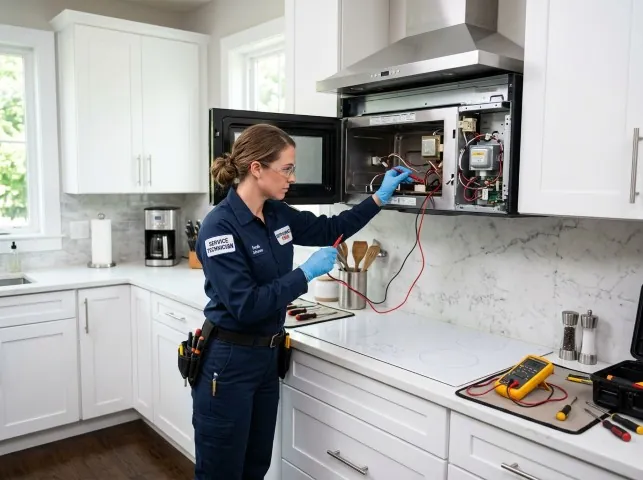 Appliance Repair Hero technician testing an over-the-range microwave in a Afton, WI kitchen